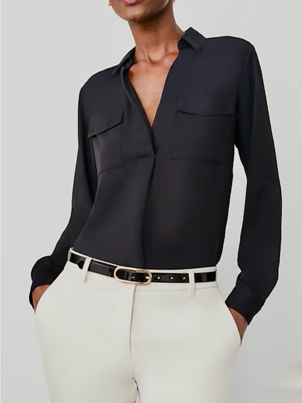 NWT Ann Taylor Black Utility Pocket Blouse Top Size Large Sheer Career Chic
